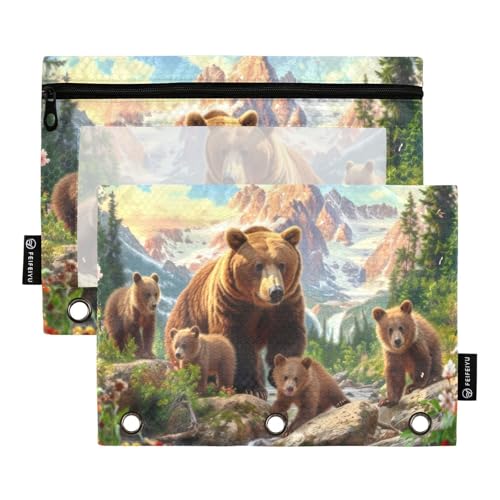 RPLIFE Wildbrauner Bär, 2er-Pack, Stifteetui für Kinder, Schule, 3-Ringbuch, transparente Tasche für Jungen und Mädchen, 24,9 x 17,8 cm von RPLIFE