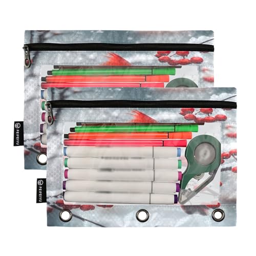 RPLIFE Winterroter Cardinal, 2er-Pack, 3-Ring-Reißverschluss-Tasche für Kinder, Schule, transparentes Federmäppchen für Jungen und Mädchen, 24,9 x 17,8 cm von RPLIFE