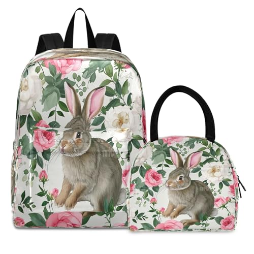 Schönes Kaninchen-Aquarell-Blumen-Kinder-Schultaschen-Set, wasserdichte Kühltasche, Büchertaschen-Set mit Lunchbox von RPLIFE