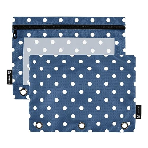 Weiße gepunktete marineblaue minimalistische 3 Ringed Pencil Pouch Pencil Pouch Pencil Pouch Clear Window Fabric Zipper Pouch, School Pencil Pouch, Pencil Pouches 3 Ring (One Size x 2) von RPLIFE