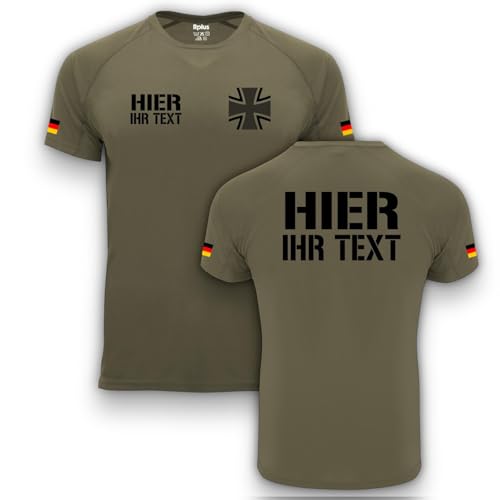 Personalisiertes (vorne und hinten) Herren Funktionsshirt mit kurzen Ärmeln Army Bundeswehr (III) R+26 (DE/NL/SE/PL, Alphanumerisch, XXL, Regular, Regular, Militärgrün) von RPLUS