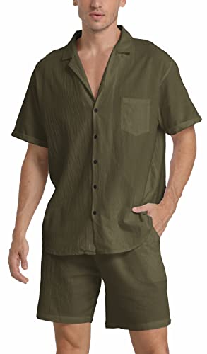 RPOVIG Leinenhemd Kurze Outfits: Herren Strand 2 Stück Casual Button-Down-Sets, Grün , XX-Large von RPOVIG