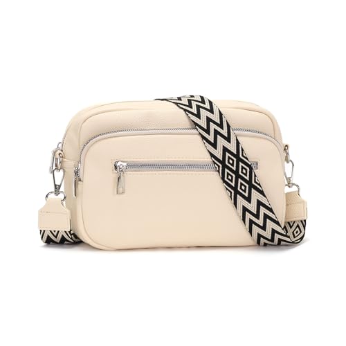 RQJZ 26x18cm Damen Umhängetasche Klein mit Breitem Gurt Stylish Crossbody bag Vegan Leder Verstellbare Schultertasche Hobo Handtasche für Alltag & Reisen Aus-weiß von RQJZ