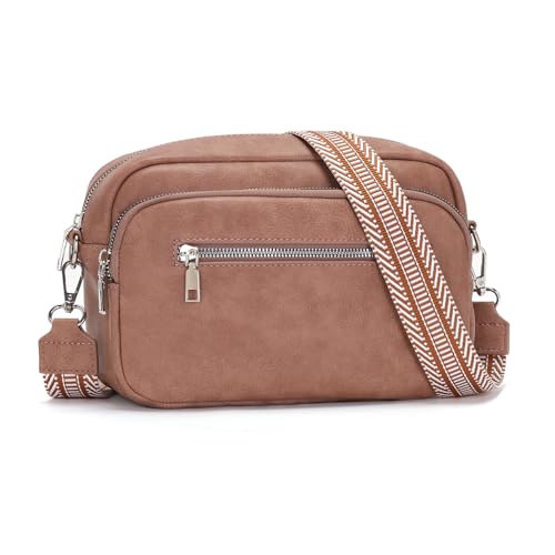 RQJZ 26x18cm Damen Umhängetasche Klein mit Breitem Gurt Stylish Crossbody bag Vegan Leder Verstellbare Schultertasche Hobo Handtasche für Alltag & Reisen Hellbraun von RQJZ