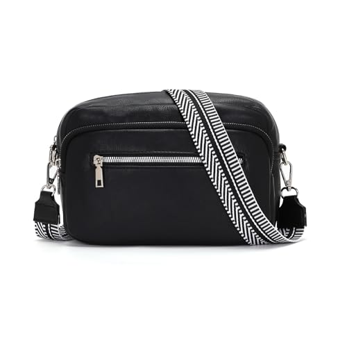 RQJZ 26x18cm Damen Umhängetasche Klein mit Breitem Gurt Stylish Crossbody bag Vegan Leder Verstellbare Schultertasche Hobo Handtasche für Alltag & Reisen Retro-Schwarz von RQJZ