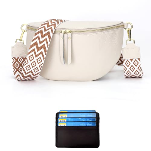 RQJZ Echtleder Bauchtasche Damen umhängetasche Damen mittelgroß Crossbody Bag Damen Fanny Pack hip Bag Damen gürteltasche Damen 5cm breiter Gurt Beige von RQJZ