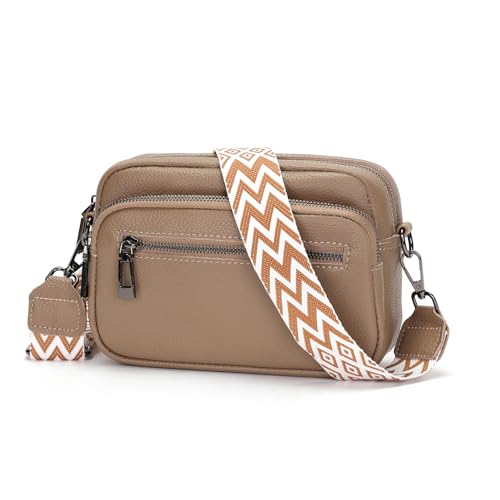 RQJZ kleine umhängetasche damen handtasche klein Echtes Leder handytasche zum Umhängen crossbody bag mit breitem gurt u Mehrere Fächer 22x15cm Beige von RQJZ