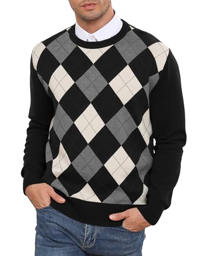 RQP Herren-Pullover mit Rundhalsausschnitt, schmale Passform, Argyle-Muster, langärmelig, Strickpullover für Freizeit oder Dressy, Schwarz, Groß von RQP