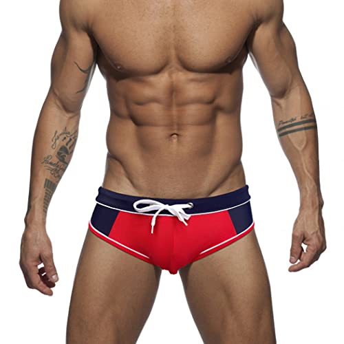 RQPYQF Badehose Herren Eng Kurz Badeslip Badeshorts mit Tunnelzug Klassisch Badeslip Sommer Kurze Badehose Slip Bikini Bottom YK42 (Rot#1, L) von RQPYQF