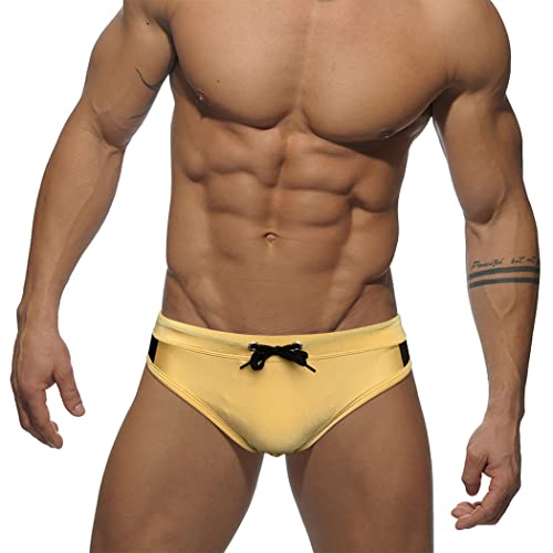 RQPYQF Badehose Herren Eng Kurz Badeslip Badeshorts mit Tunnelzug Klassisch Badeslip Sommer Kurze Badehose Slip Bikini Bottom YK47 (Gold, L) von RQPYQF