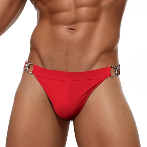 RQPYQF Badeslip Herren, Badehose Herren Kurz Eng Badehose Slip Sommer Badehose Kurz mit Schnalle aus Metall Größe M-2XL YK2414 (Rot, XL) von RQPYQF
