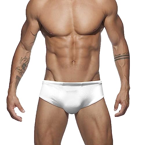 RQPYQF Badeslip Herren, Badehose Herren Kurz Eng Badeslip Sommer Badehose Kurz Slip mit Tunnelzug YK80 Größe M-2XL (Weiß, XL) von RQPYQF