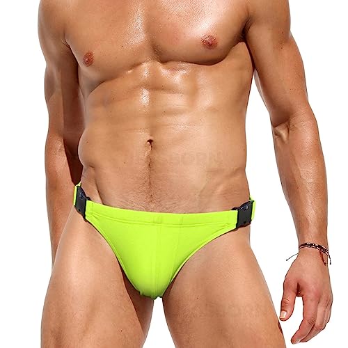 RQPYQF Badeslip Herren, Badehose Herren Kurz Eng Badeslip Sommer Doppelte Schnalle Badehose Kurz Slip mit Tunnelzug YK77 Größe M-2XL (FluoGelb, XXL) von RQPYQF