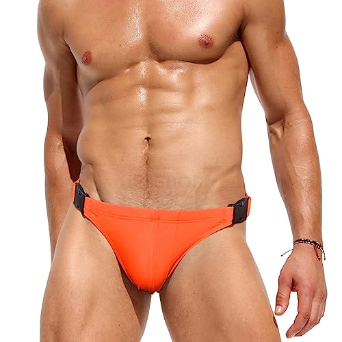 RQPYQF Badeslip Herren, Badehose Herren Kurz Eng Badeslip Sommer Doppelte Schnalle Badehose Kurz Slip mit Tunnelzug YK77 Größe M-2XL (Orange, L) von RQPYQF