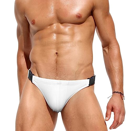 RQPYQF Badeslip Herren, Badehose Herren Kurz Eng Badeslip Sommer Doppelte Schnalle Badehose Kurz Slip mit Tunnelzug YK77 Größe M-2XL (Weiß, M) von RQPYQF