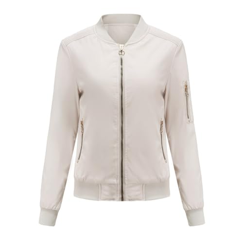 RQPYQF Bomberjacke Damen Kurze Blouson Jacke Casual Pilotenjacke Langarm Outwear Zip Up Solid Verdickt Frühling Fliegerjacke WT52 (Beige, M) von RQPYQF