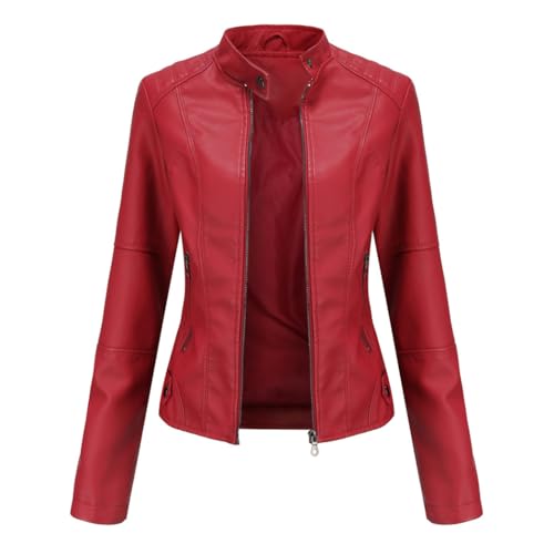 RQPYQF Damen PU Leder Jacke, Motorrad Moto Biker Lederjacke Reißverschluss Mantel Kurz Leicht Kunstlederjacke WT40 (Rot, M) von RQPYQF