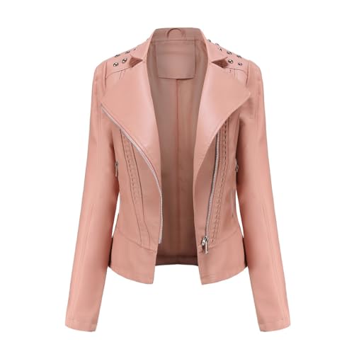 RQPYQF Damen PU Leder Jacke, Motorrad Moto Biker Lederjacke Reißverschluss Mantel Kurz Leicht Kunstlederjacke WT42 (Rosa, XXL) von RQPYQF