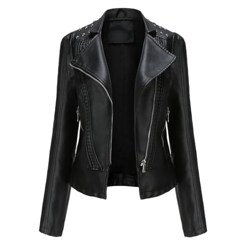 RQPYQF Damen PU Leder Jacke, Motorrad Moto Biker Lederjacke Reißverschluss Mantel Kurz Leicht Kunstlederjacke WT42 (Schwarz, L) von RQPYQF