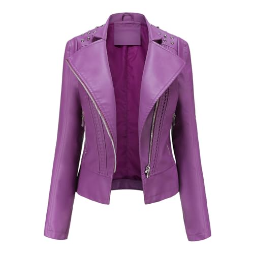 RQPYQF Damen PU Leder Jacke, Motorrad Moto Biker Lederjacke Reißverschluss Mantel Kurz Leicht Kunstlederjacke WT42 (Violett, L) von RQPYQF