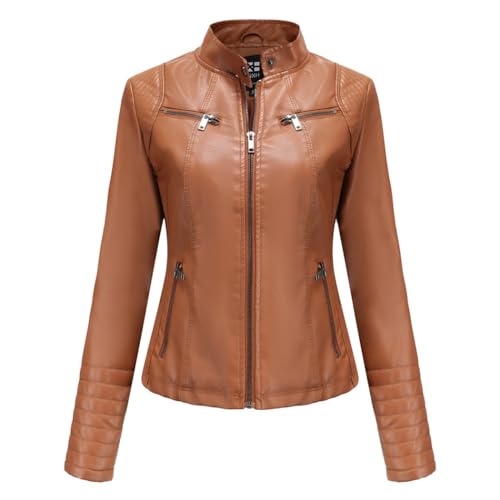 RQPYQF Damen PU Leder Jacke, Motorrad Moto Biker Lederjacke Reißverschluss Mantel Kurz Leicht Kunstlederjacke WT46 (Braun, 3XL) von RQPYQF