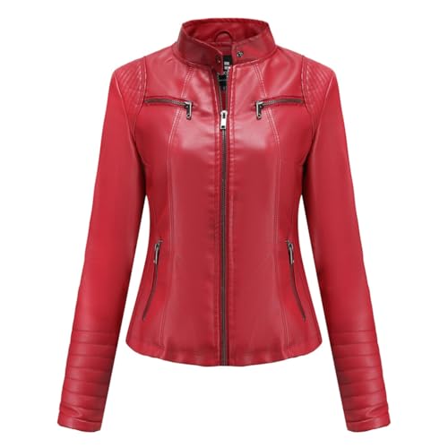 RQPYQF Damen PU Leder Jacke, Motorrad Moto Biker Lederjacke Reißverschluss Mantel Kurz Leicht Kunstlederjacke WT46 (Rot, XXL) von RQPYQF