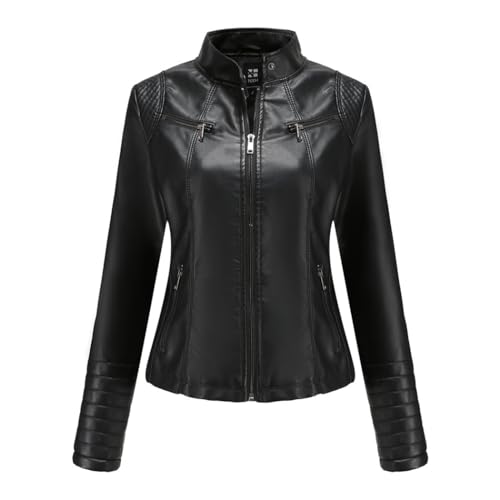 RQPYQF Damen PU Leder Jacke, Motorrad Moto Biker Lederjacke Reißverschluss Mantel Kurz Leicht Kunstlederjacke WT46 (Schwarz, 3XL) von RQPYQF