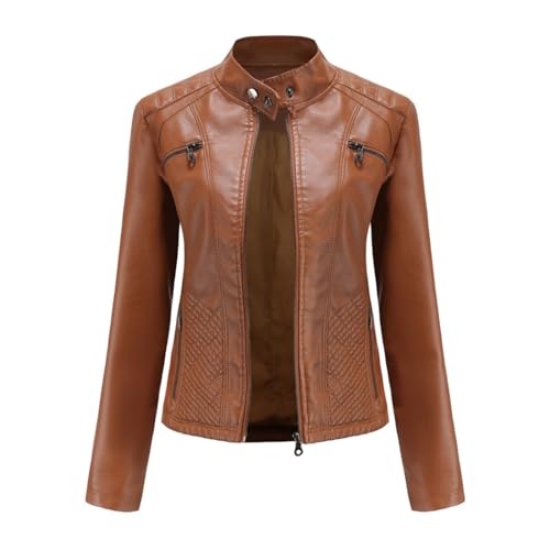 RQPYQF Damen PU Leder Jacke, Motorrad Moto Biker Lederjacke Reißverschluss Mantel Kurz Leicht Kunstlederjacke WT47 (Braun, XL) von RQPYQF