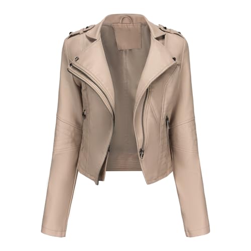 RQPYQF Damen PU Leder Jacke, Motorrad Moto Biker Lederjacke Reißverschluss Mantel Kurz Leicht Kunstlederjacke WT50 (Beige, M) von RQPYQF