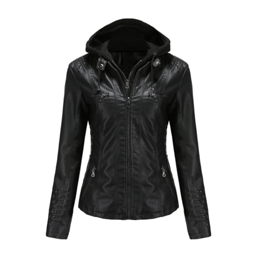 RQPYQF Damen PU Leder Jacke, Motorrad Moto Biker Lederjacke mit Kapuze Reißverschluss Mantel Kurz Leicht Kunstlederjacke WT41 (Schwarz, XXL) von RQPYQF