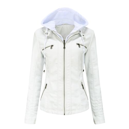 RQPYQF Damen PU Leder Jacke, Motorrad Moto Biker Lederjacke mit Kapuze Reißverschluss Mantel Kurz Leicht Kunstlederjacke WT41 (Weiß, M) von RQPYQF