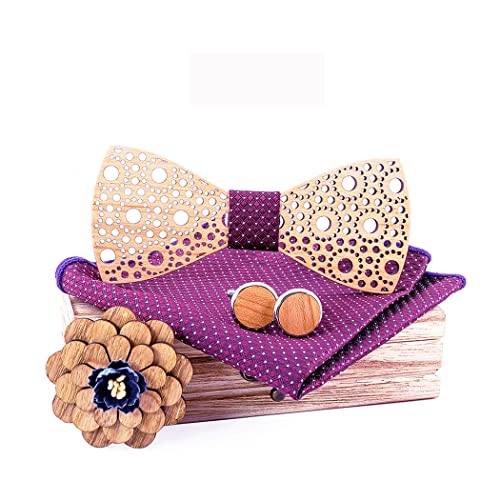 RQPYQF Fliege aus Holz, 4-teiliges Set mit Fliege aus Holz und Manschettenknöpfe und Brosche aus Holz und quadratischer Tasche, handgefertigt, modisches Accessoire, Stil #03, One size von RQPYQF