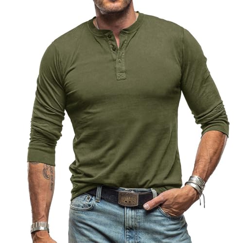 RQPYQF Herren Casual Henley Shirt Langarm Herbst Winter Oberteile Freizeithemd Männer Herren Langarm Shirts Einfarbig CS37 (Armeegrün, M) von RQPYQF