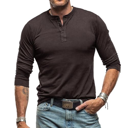 RQPYQF Herren Casual Henley Shirt Langarm Herbst Winter Oberteile Freizeithemd Männer Herren Langarm Shirts Einfarbig CS37 (Braun, M) von RQPYQF