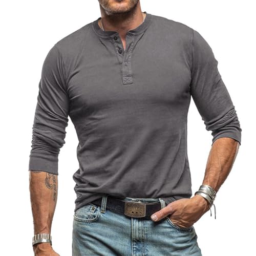 RQPYQF Herren Casual Henley Shirt Langarm Herbst Winter Oberteile Freizeithemd Männer Herren Langarm Shirts Einfarbig CS37 (Dunkelgrau, XL) von RQPYQF