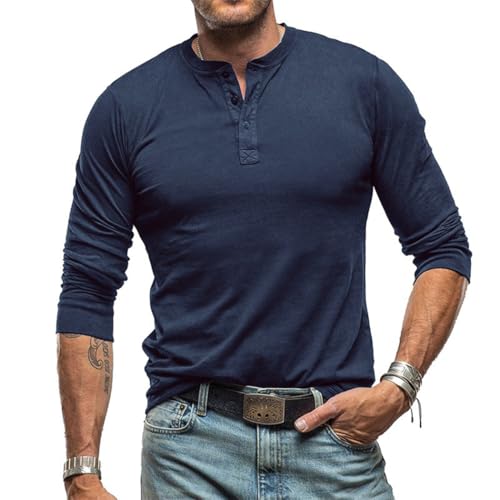 RQPYQF Herren Casual Henley Shirt Langarm Herbst Winter Oberteile Freizeithemd Männer Herren Langarm Shirts Einfarbig CS37 (Königsblau, L) von RQPYQF