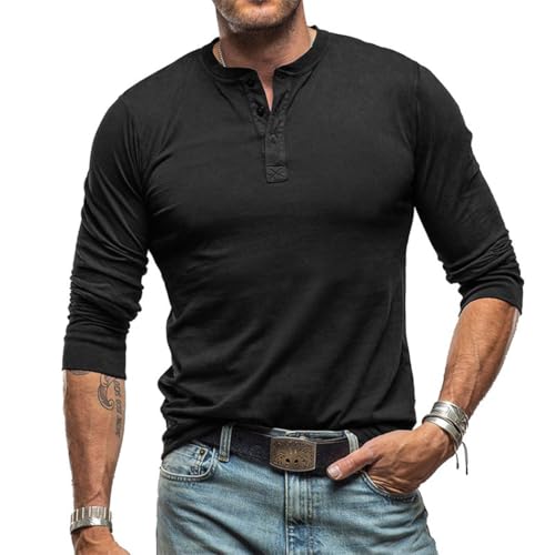 RQPYQF Herren Casual Henley Shirt Langarm Herbst Winter Oberteile Freizeithemd Männer Herren Langarm Shirts Einfarbig CS37 (Schwarz, XL) von RQPYQF