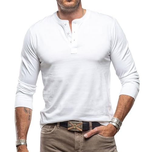 RQPYQF Herren Casual Henley Shirt Langarm Herbst Winter Oberteile Freizeithemd Männer Herren Langarm Shirts Einfarbig CS37 (Weiß, XL) von RQPYQF