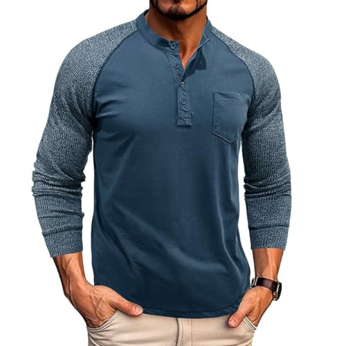 RQPYQF Herren Casual Henley Shirt Langarmshirt Herbst Winter Oberteile Freizeithemd Männer Herren Langarm Shirts Einfarbig CS44 (Blau, L) von RQPYQF