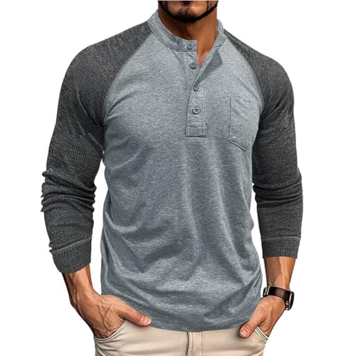 RQPYQF Herren Casual Henley Shirt Langarmshirt Herbst Winter Oberteile Freizeithemd Männer Herren Langarm Shirts Einfarbig CS44 (Grau, L) von RQPYQF