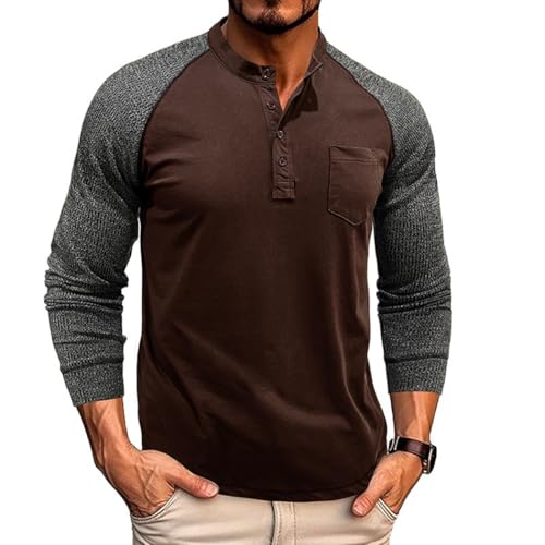 RQPYQF Herren Casual Henley Shirt Langarmshirt Herbst Winter Oberteile Freizeithemd Männer Herren Langarm Shirts Einfarbig CS44 (Kaffee, L) von RQPYQF