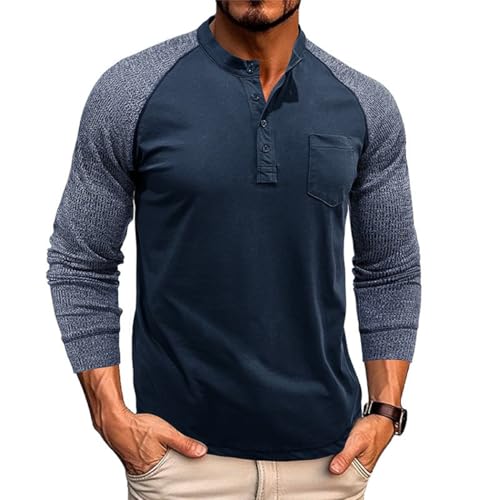 RQPYQF Herren Casual Henley Shirt Langarmshirt Herbst Winter Oberteile Freizeithemd Männer Herren Langarm Shirts Einfarbig CS44 (Königsblau, XL) von RQPYQF