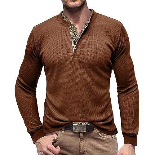 RQPYQF T Shirt Herren Henley-Ausschnitt T-Shirts Herbst Langarm Oberteile Einfarbig Mode Pullover Basic T-Shirt Männer CS04 Größe S-2XL (Khaki, XL) von RQPYQF