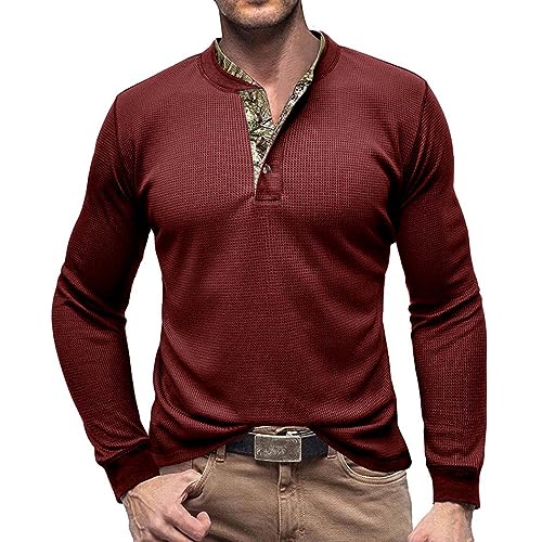 RQPYQF T Shirt Herren Henley-Ausschnitt T-Shirts Herbst Langarm Oberteile Einfarbig Mode Pullover Basic T-Shirt Männer CS04 Größe S-2XL (WeinRot, XL) von RQPYQF