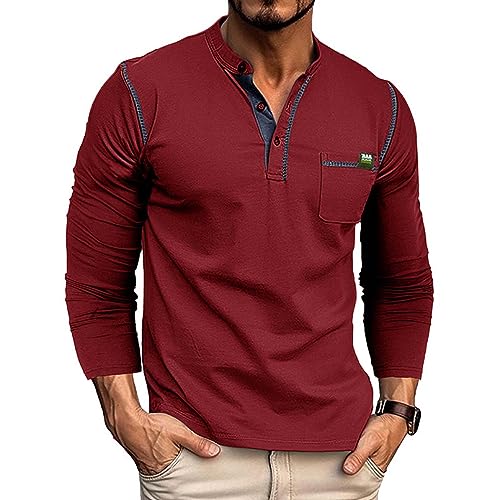 RQPYQF T Shirt Herren Henley-Ausschnitt T-Shirts Herbst Langarm Oberteile Einfarbig Mode Pullover Basic T-Shirt Männer CS02 Größe S-2XL (WeinRot, XL) von RQPYQF