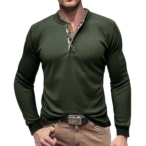 RQPYQF T Shirt Herren Henley-Ausschnitt T-Shirts Herbst Langarm Oberteile Einfarbig Mode Pullover Basic T-Shirt Männer CS04 Größe S-2XL (Armeegrün, XL) von RQPYQF