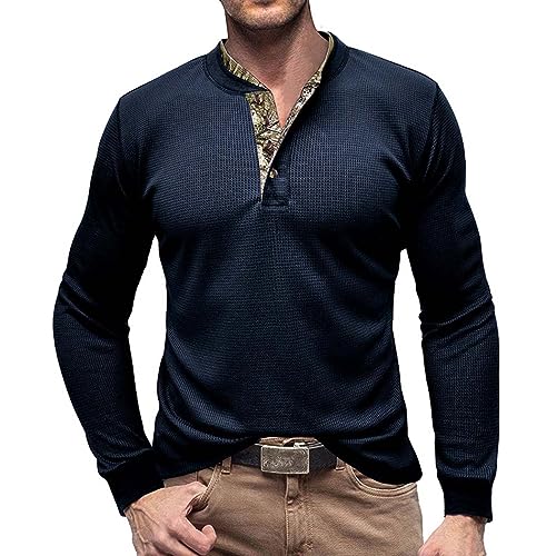 RQPYQF T Shirt Herren Henley-Ausschnitt T-Shirts Herbst Langarm Oberteile Einfarbig Mode Pullover Basic T-Shirt Männer CS04 Größe S-2XL (Dunkelblau, L) von RQPYQF