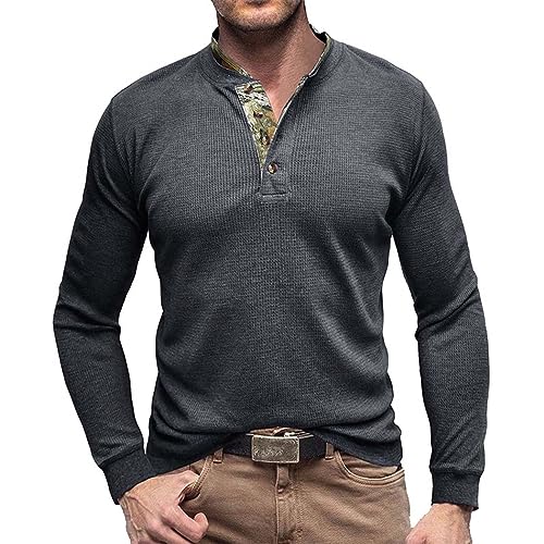 RQPYQF T Shirt Herren Henley-Ausschnitt T-Shirts Herbst Langarm Oberteile Einfarbig Mode Pullover Basic T-Shirt Männer CS04 Größe S-2XL (Dunkelgrau, L) von RQPYQF