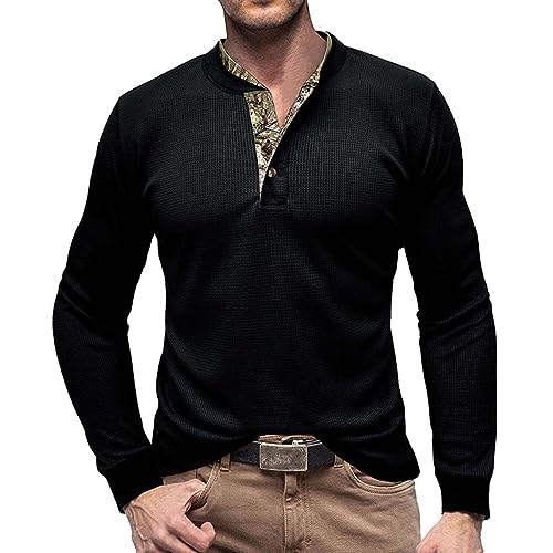 RQPYQF T Shirt Herren Henley-Ausschnitt T-Shirts Herbst Langarm Oberteile Einfarbig Mode Pullover Basic T-Shirt Männer CS04 Größe S-2XL (Schwarz, M) von RQPYQF