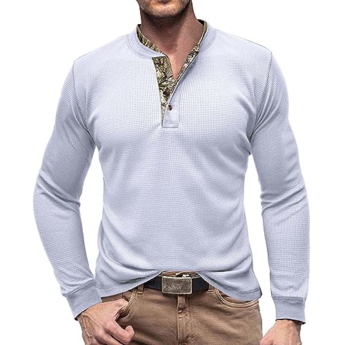RQPYQF T Shirt Herren Henley-Ausschnitt T-Shirts Herbst Langarm Oberteile Einfarbig Mode Pullover Basic T-Shirt Männer CS04 Größe S-2XL (Weiß, L) von RQPYQF